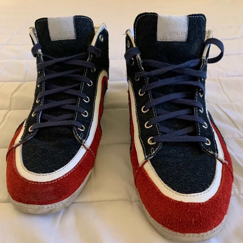 Gucci Red & Blue Interlocking G Logo Suede Sneakers